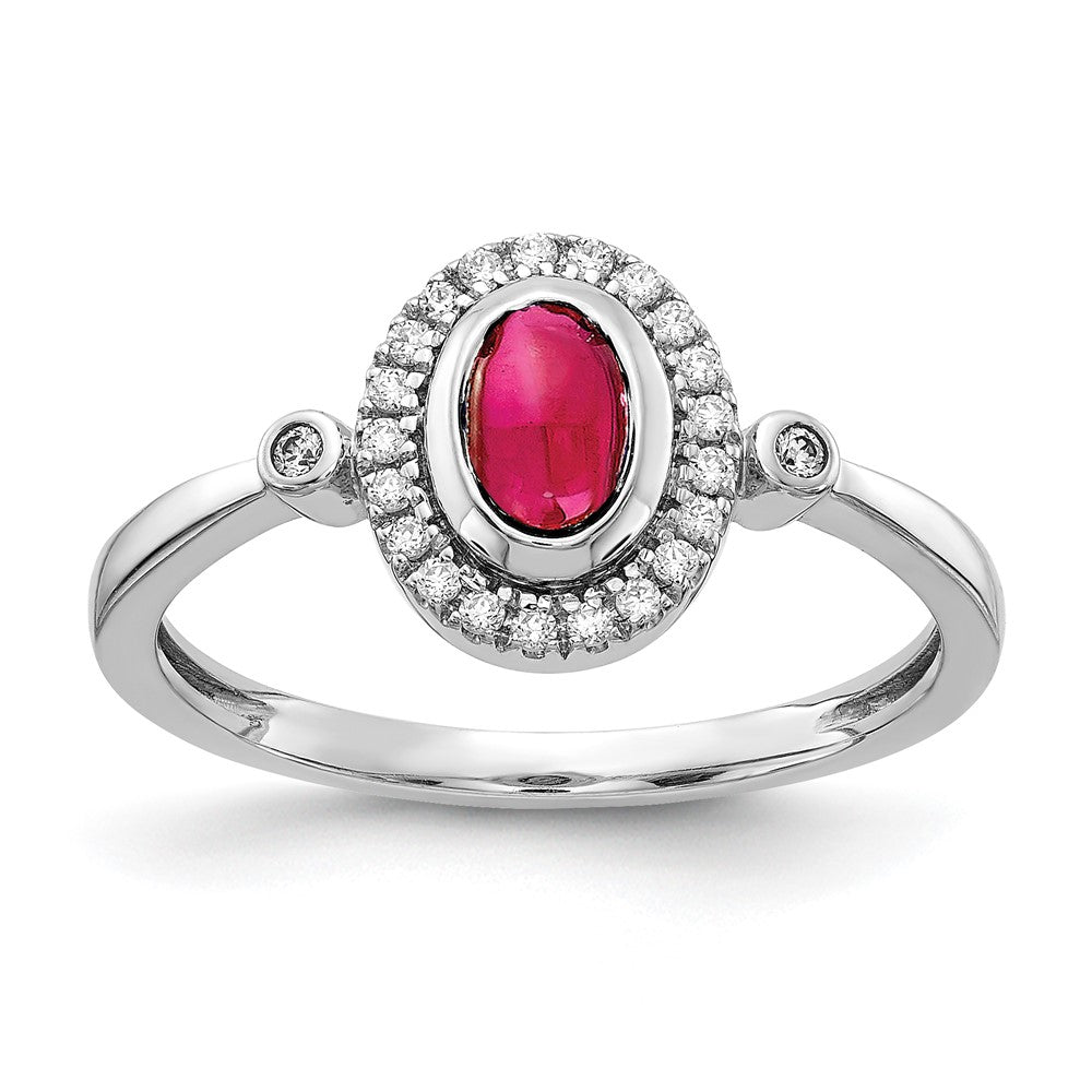14K Weißgold Ring mit natürlichem Diamant und ovalem Rubin in Halo-Fassung