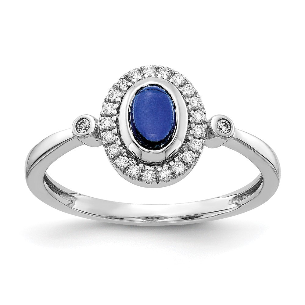 14K Weißgold Ring mit natürlichem Diamant und ovalem blauem Saphir, Halo