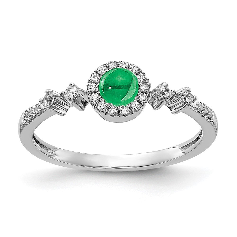 14K Weißgold Ring mit echtem Diamant und Cabochon-Smaragd, Halo-Fassung
