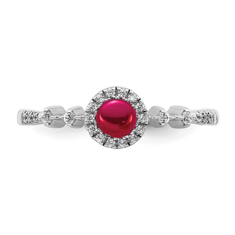 14K Weißgold Ring mit echten Diamanten und Rubin-Cabochon-Halo