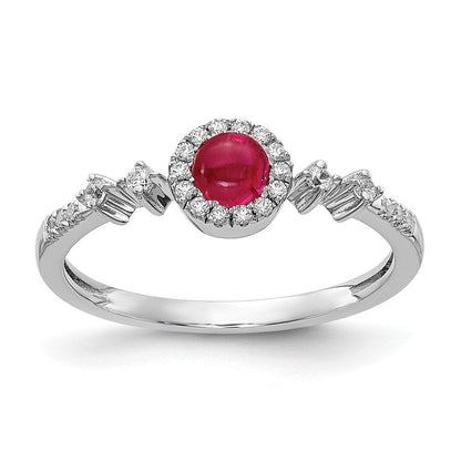 14K Weißgold Ring mit echten Diamanten und Rubin-Cabochon-Halo