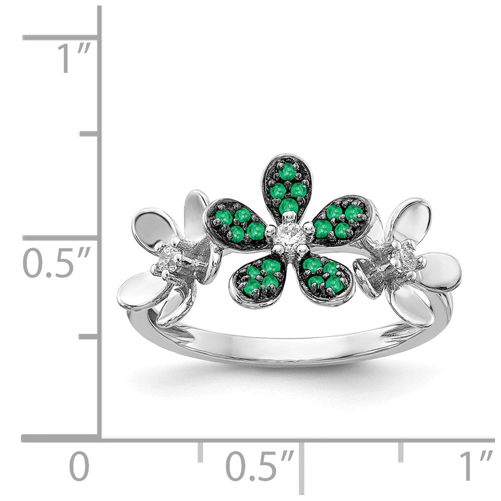 14K Weißgold Ring mit echtem Diamant und Smaragd in Blumenform