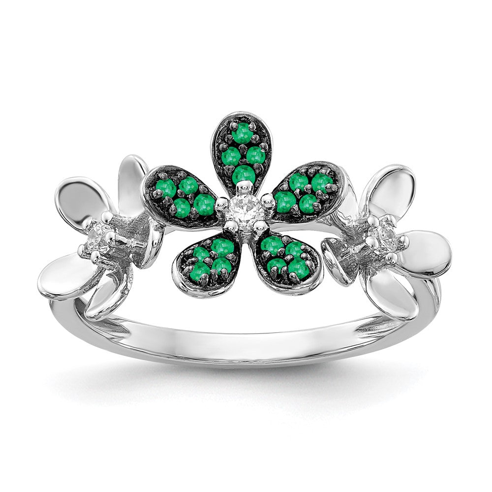 14K Weißgold Ring mit echtem Diamant und Smaragd in Blumenform