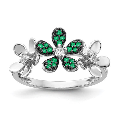 14K Weißgold Ring mit echtem Diamant und Smaragd in Blumenform