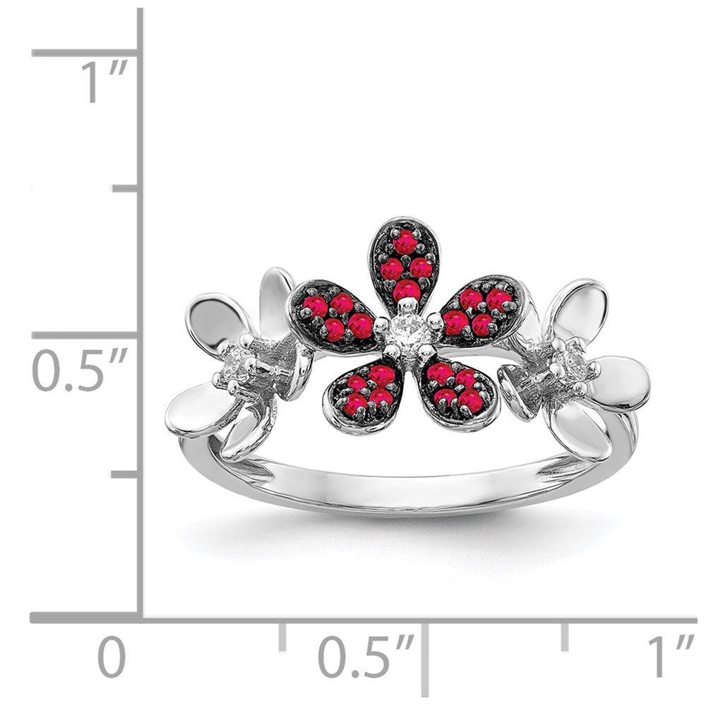 14K Weißgold Ring mit echtem Diamant und Rubin in Blumendesign