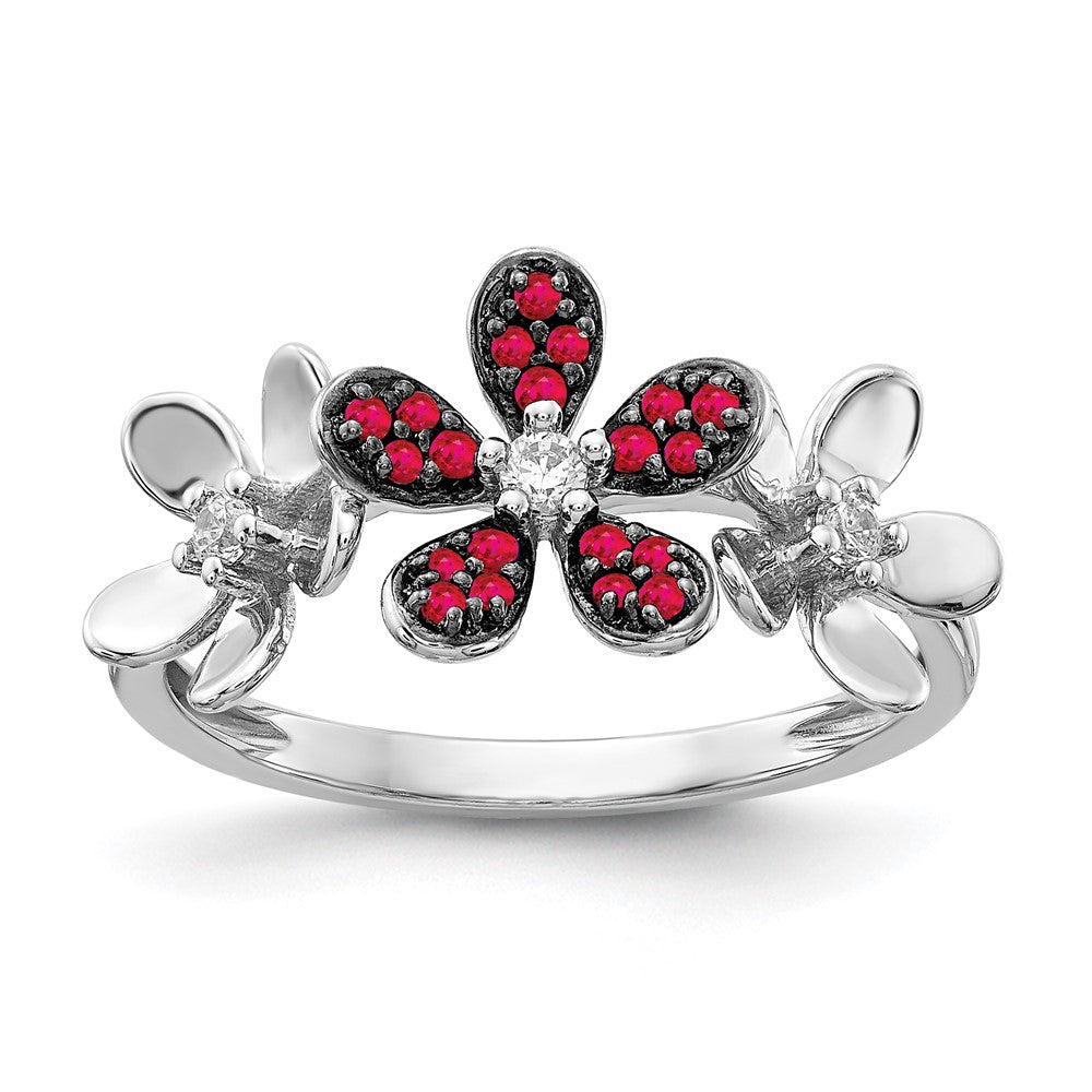 14K Weißgold Ring mit natürlichen Diamanten und Rubinen im Blumendesign