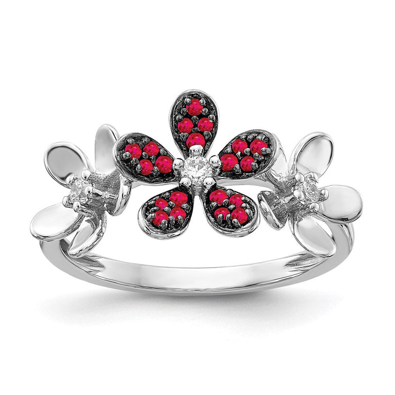 14K Weißgold Ring mit natürlichen Diamanten und Rubinen im Blumendesign