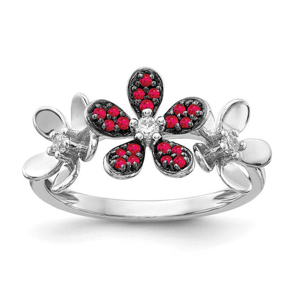 14K Weißgold Ring mit echtem Diamant und Rubin in Blumendesign