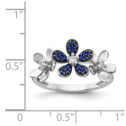 14K Weißgold Ring mit echtem Diamant und Saphir in Blumendesign