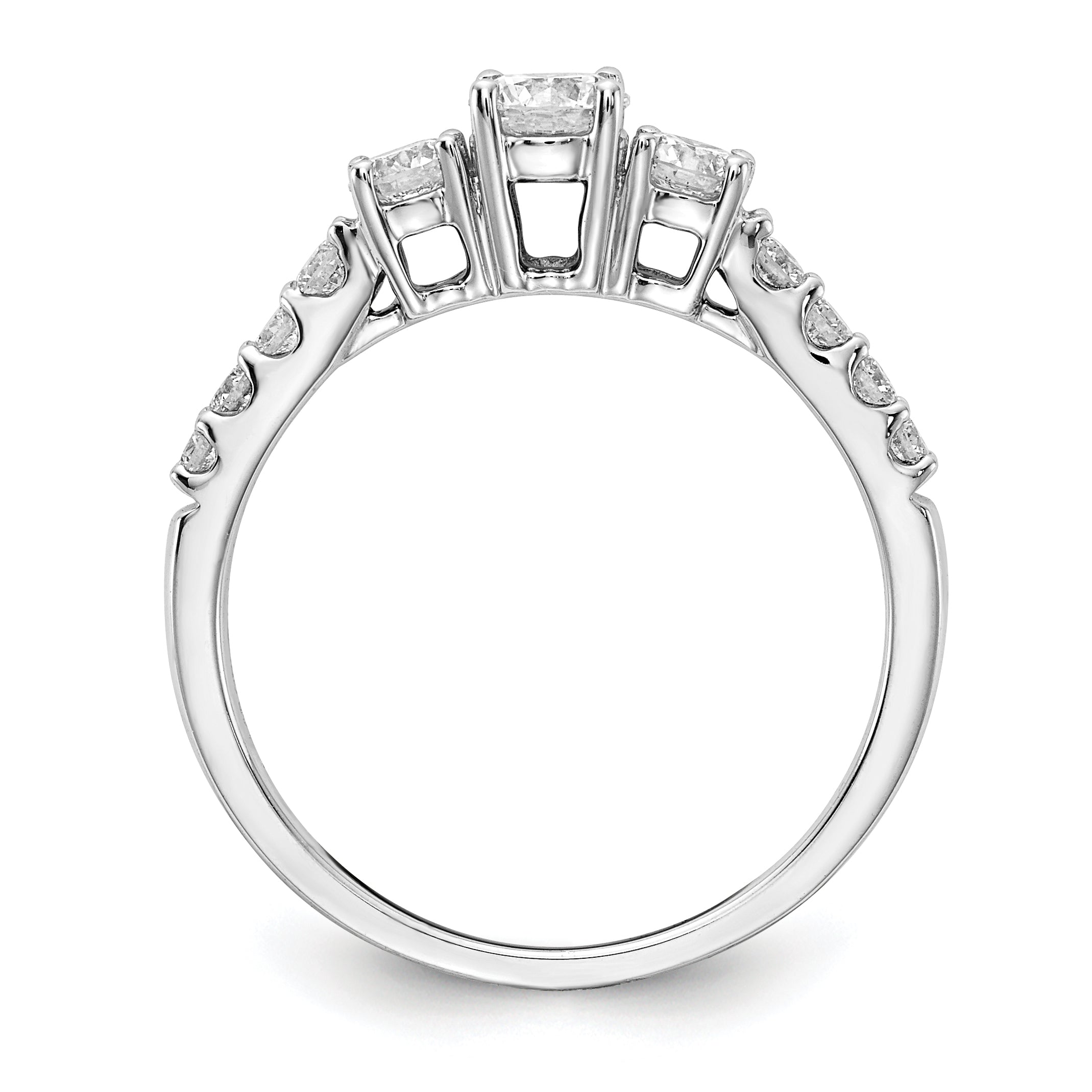 14K Weißgold Verlobungsring mit 0,75 ct. im Labor gezüchteten Diamanten, VS/SI+ G+, rund, Drei-Steine-Fassung