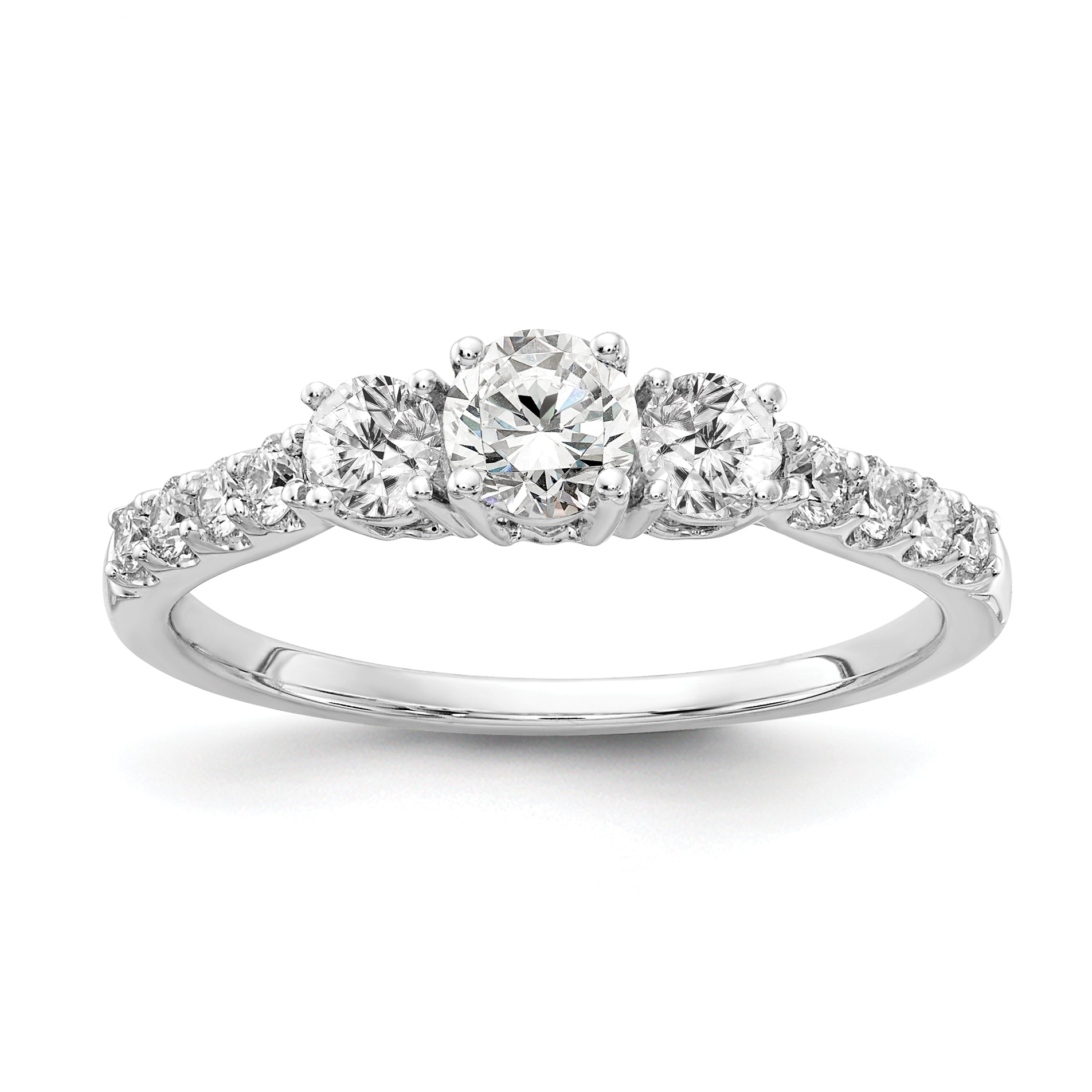 14K Weißgold Verlobungsring mit 0,75 ct. im Labor gezüchteten Diamanten, VS/SI+ G+, rund, Drei-Steine-Fassung
