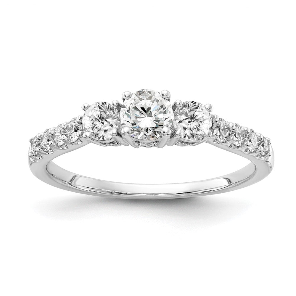 14K Weißgold Verlobungsring mit 0,5 ct. Labor-Diamant VS/SI+ G+, 0,25 ct. Center Round, Drei-Stein-Fassung