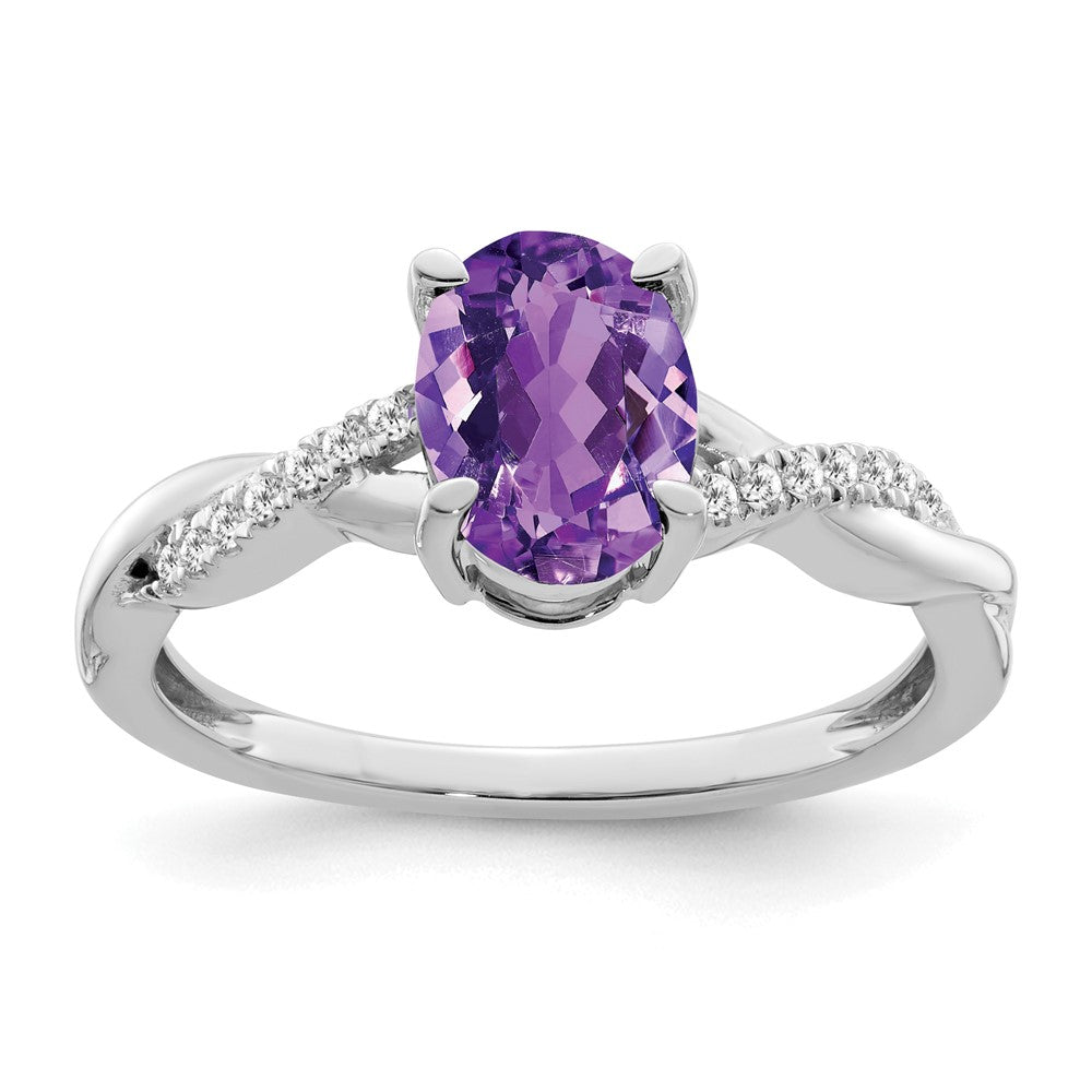 14K Weißgold Ring mit ovalem Amethyst und echten Diamanten