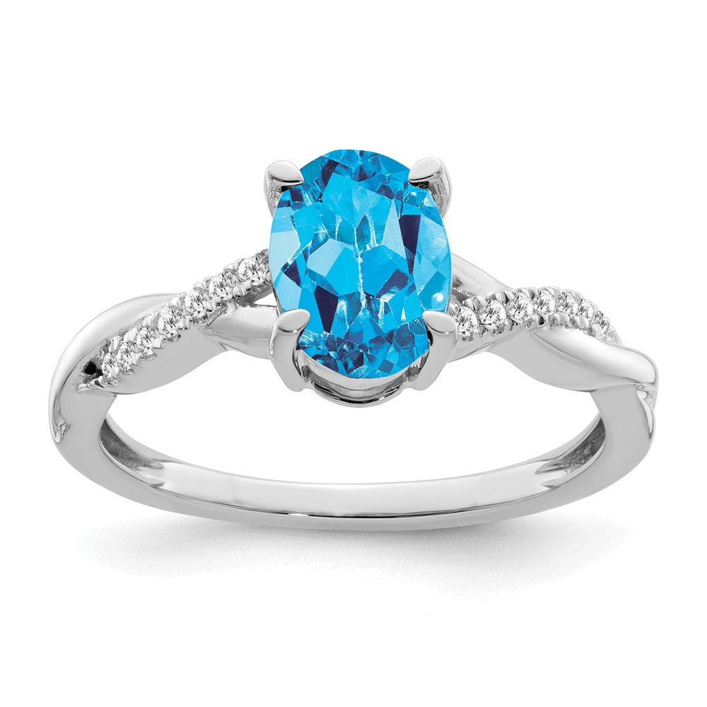 14K Weißgold Ring mit ovalem Blautopas und echten Diamanten