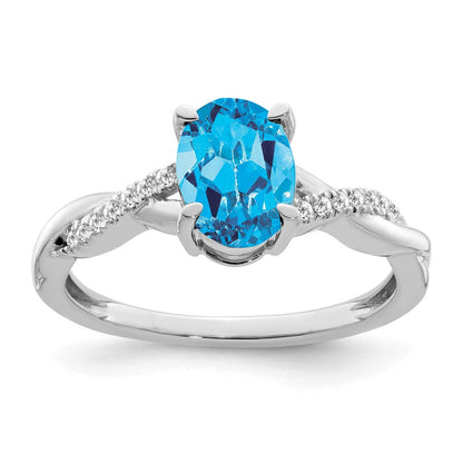 14K Weißgold Ring mit ovalem Blautopas und echten Diamanten