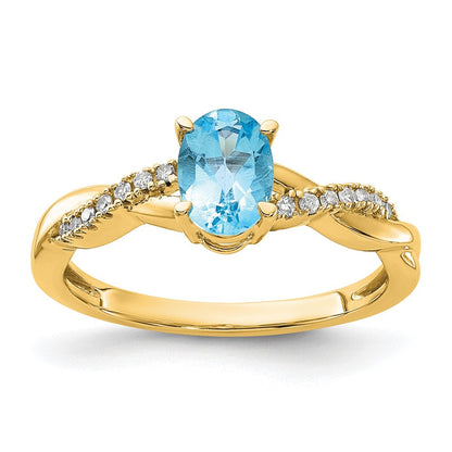 10K Gelbgold Oval Blautopas und Diamant Ring