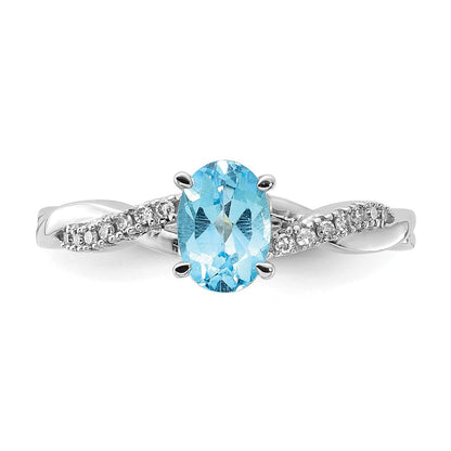 14K Weißgold 7x5 Oval December/ Blautopas und Diamant Größe 7 Ring