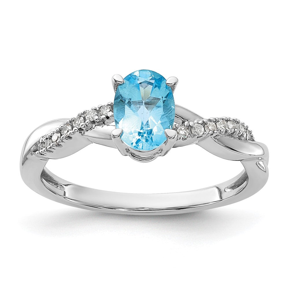 14K Weißgold 7x5 Oval December/ Blautopas und Diamant Größe 7 Ring