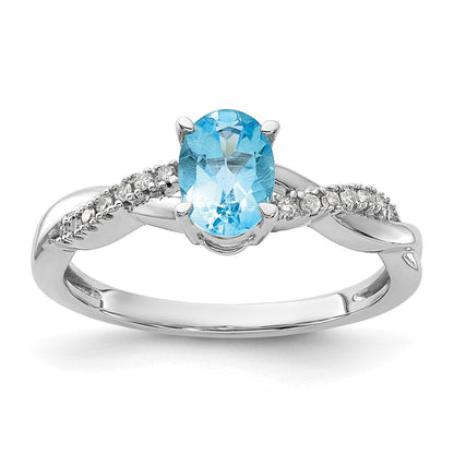 14K Weißgold 7x5 Oval December/ Blautopas und Diamant Größe 7 Ring