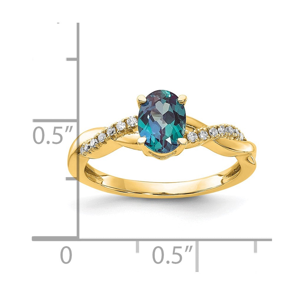 10K Gelbgold Oval Erzeugt Alexandrite und Diamant Ring