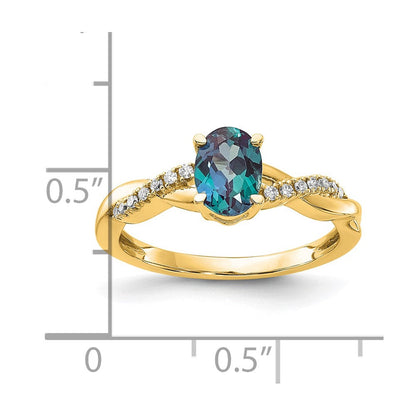 10K Gelbgold Oval Erzeugt Alexandrite und Diamant Ring
