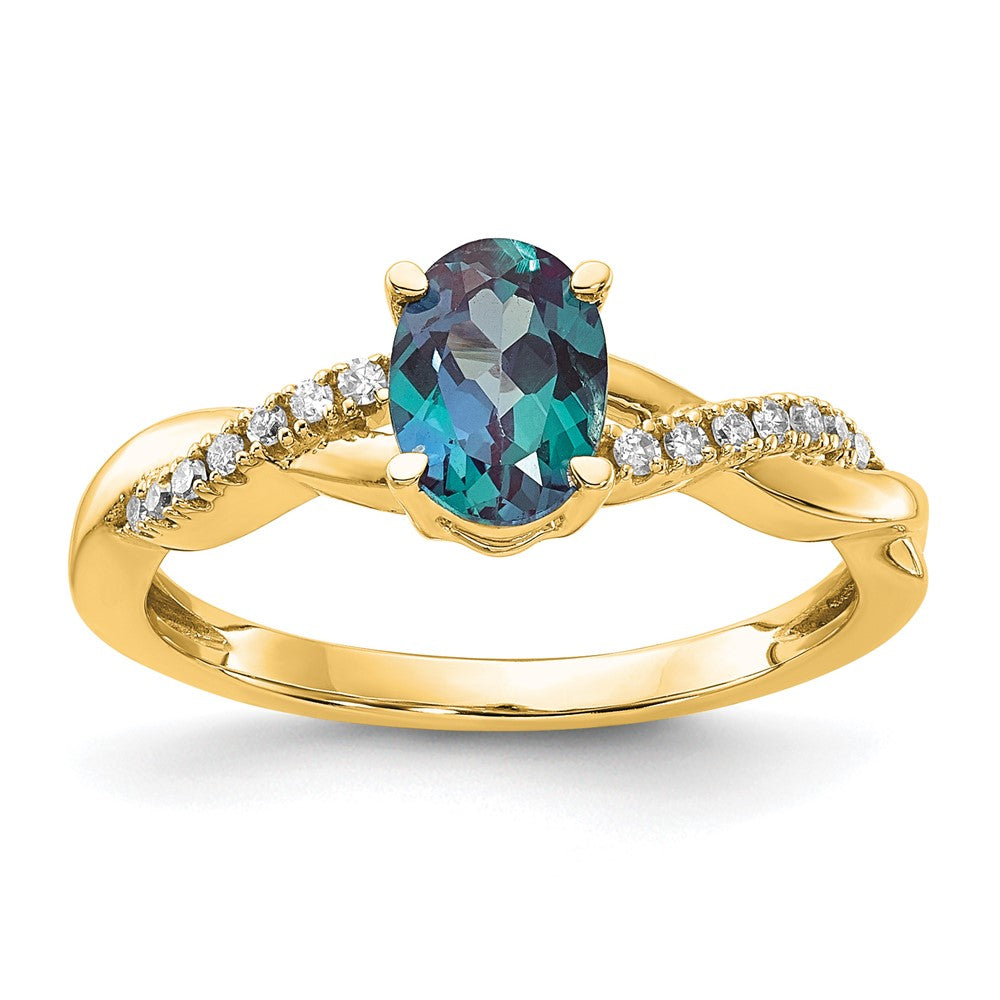 10K Gelbgold Oval Erzeugt Alexandrite und Diamant Ring
