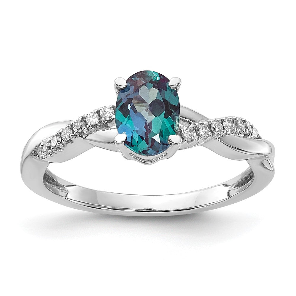 14K Weißgold 7x5 Oval June/im Labor Erzeugt Alexandrite und Diamant Größe 7 Ring