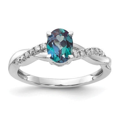 14K Weißgold 7x5 Oval June/im Labor Erzeugt Alexandrite und Diamant Größe 7 Ring