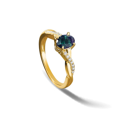 10K Gelbgold Oval Erzeugt Alexandrite und Diamant Ring