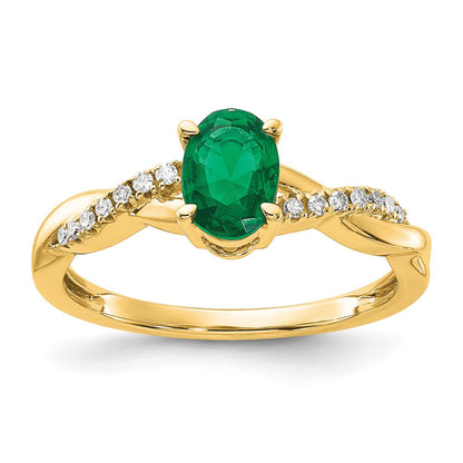 10K Gelbgold Oval Erzeugt Smaragd und Diamant Ring
