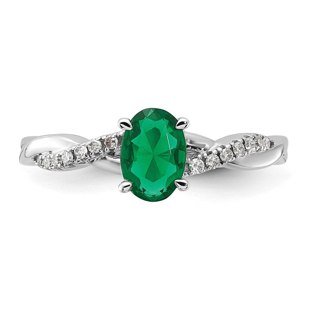 14K Weißgold 7x5 Oval May/im Labor Erzeugt Smaragd und Diamant Größe 7 Ring