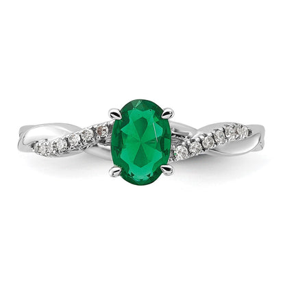 14K Weißgold 7x5 Oval May/im Labor Erzeugt Smaragd und Diamant Größe 7 Ring