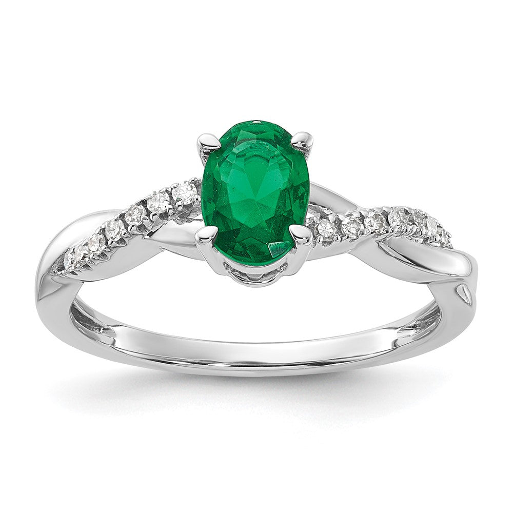 14K Weißgold 7x5 Oval May/im Labor Erzeugt Smaragd und Diamant Größe 7 Ring