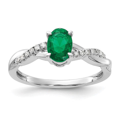 14K Weißgold 7x5 Oval May/im Labor Erzeugt Smaragd und Diamant Größe 7 Ring
