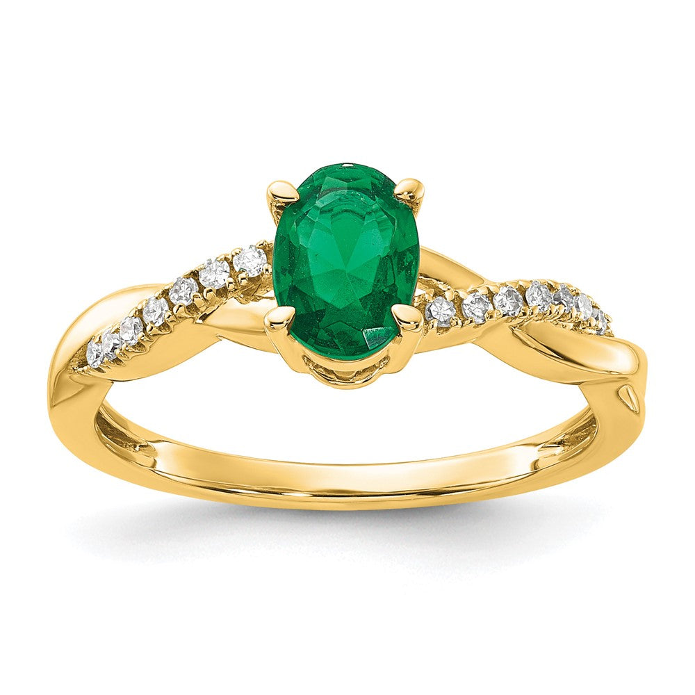 14K Gelbgold 7x5 Oval May/im Labor Erzeugt Smaragd und Diamant Größe 7 Ring