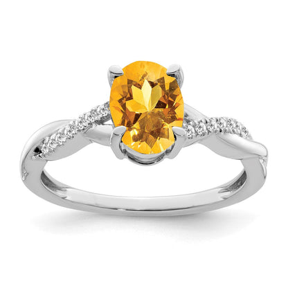 14K Weißgold Ring mit ovalem Citrin und echten Diamanten