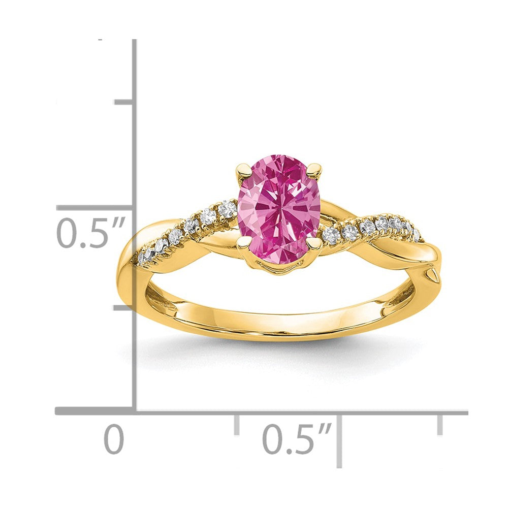 10K Gelbgold Oval Erzeugt Rosa Saphir und Diamant Ring
