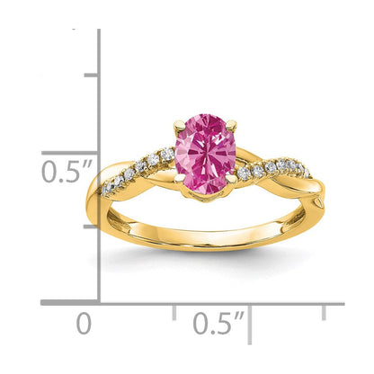 10K Gelbgold Oval Erzeugt Rosa Saphir und Diamant Ring