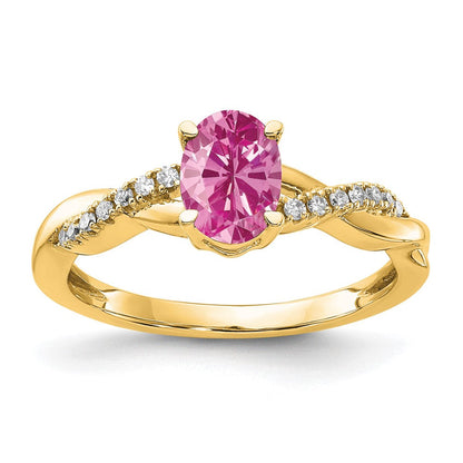 10K Gelbgold Oval Erzeugt Rosa Saphir und Diamant Ring