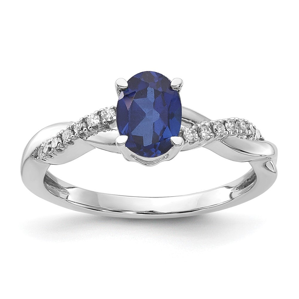 14K Weißgold 7x5 Oval September/im Labor Erzeugt Saphir und Diamant Größe 7 Ring