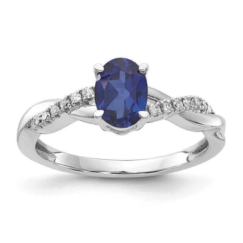 14K Weißgold 7x5 Oval September/im Labor Erzeugt Saphir und Diamant Größe 7 Ring