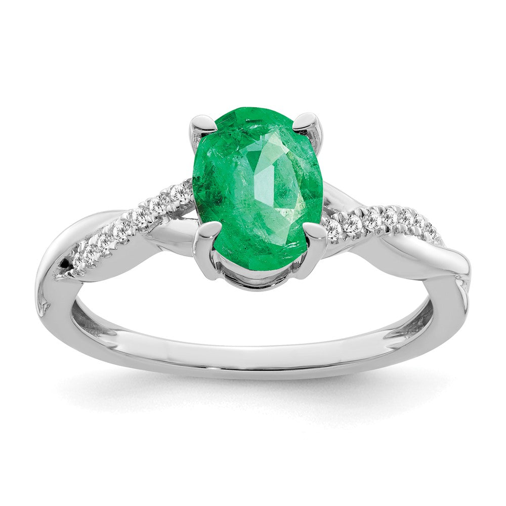 14K Weißgold Ring mit ovalem Smaragd und echten Diamanten