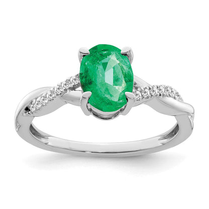 14K Weißgold Ring mit ovalem Smaragd und echten Diamanten