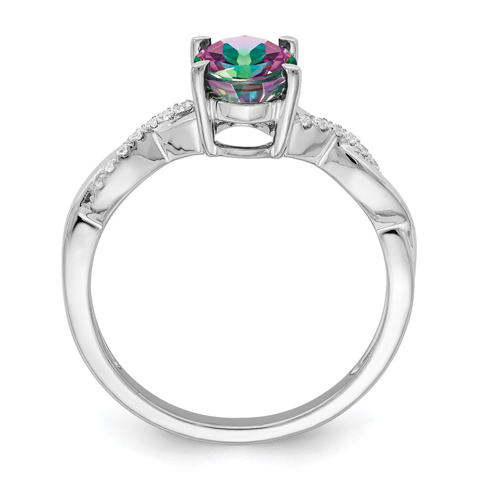 14K Weißgold Ring mit ovalem Mystic-Fire-Topas und echten Diamanten