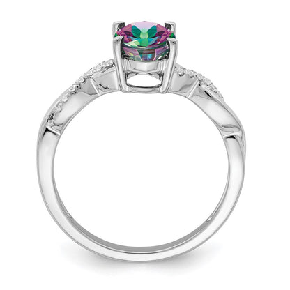14K Weißgold Ring mit ovalem Mystic-Fire-Topas und echten Diamanten