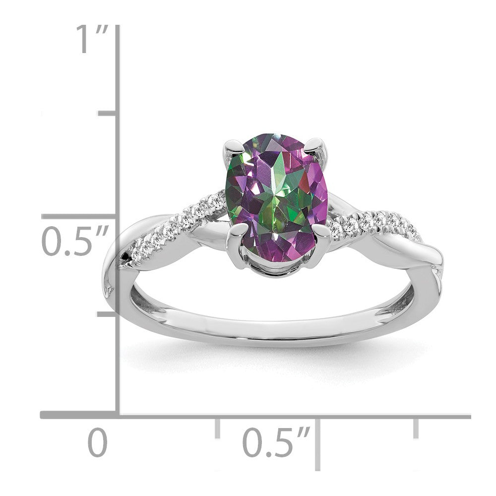 14K Weißgold Ring mit ovalem Mystic-Fire-Topas und echten Diamanten