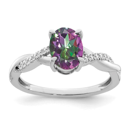 14K Weißgold Ring mit ovalem Mystic-Fire-Topas und echten Diamanten
