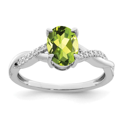 14K Weißgold Ring mit ovalem Peridot und echten Diamanten
