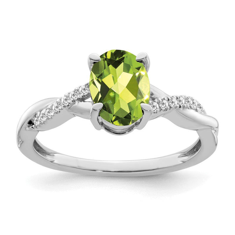 14K Weißgold Ring mit ovalem Peridot und echten Diamanten