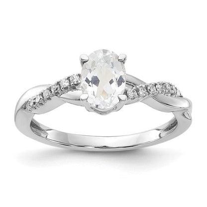 14K Weißgold 7x5 Oval April/white Topas und Diamant Größe 7 Ring